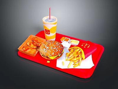 Delicious Fast Food Tray With Hamburger French Fries Nuggets And Soft Drink 3d model