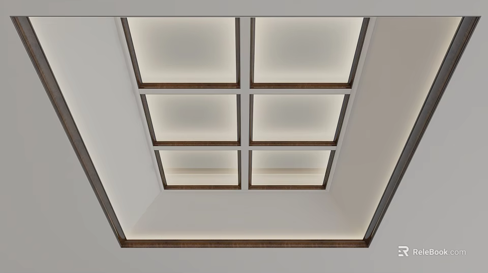 Modern Ceiling Design With Square Panel Layout Wooden Frame And Recessed Lighting 3d model 