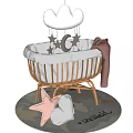 Baby Crib With Gold Frame White Lining Crown Mobile Star Moon Decor And Pink Blanket