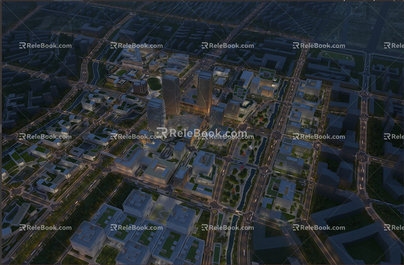 Modern Aerial View Urban Planning Night Bird's Eye View 3d model