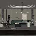 Modern Living Room Interior With Green Velvet Sofa Round Chandelier And Geometric Wall Art