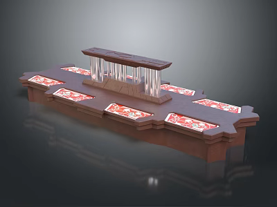 Cartoon Scene Wooden Display Platform With Red Pattern Panels And Transparent Pillars 3d model