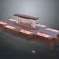 Cartoon Scene Wooden Display Platform With Red Pattern Panels And Transparent Pillars