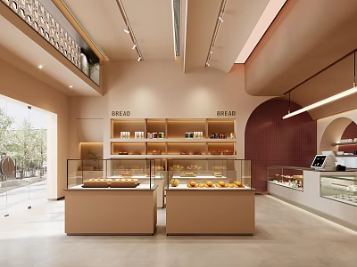 Modern Bakery Interior Design With Glass Display Cases And Breads 3d model