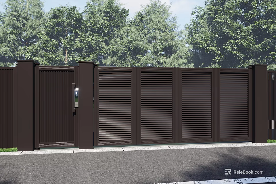 Brown Metal Gate And Fence With Louver Design Against Green Tree Backdrop 3d model 
