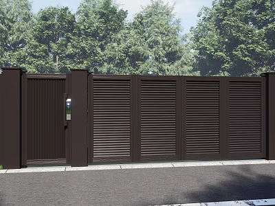Brown Metal Gate And Fence With Louver Design Against Green Tree Backdrop 3d model
