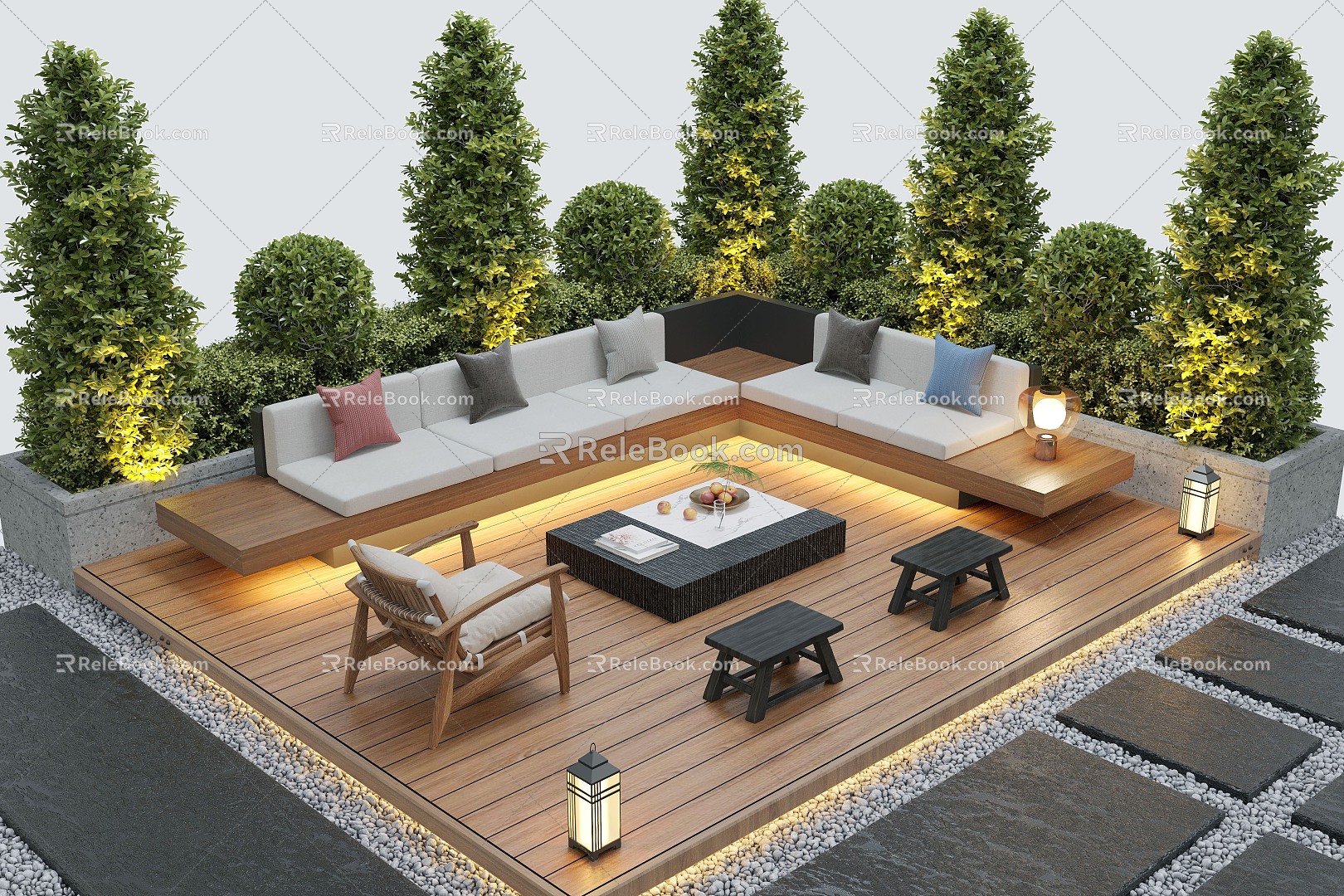 Courtyard landscape outdoor sofa flower pool landscape plants outdoor lighting 3d model