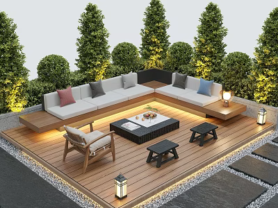 Serene Courtyard Garden With Wooden Deck L Shaped Sofa Cushions Coffee Table And Green Trees 3d model