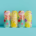Colorful Canned Beverages with Strawberry Lemon Flavors and Floral Patterns on Light Blue Background