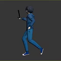 Man in Blue Hoodie and Blue Pants Holding Sword on Gray Reflective Floor