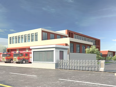 Modern Fire Station Exterior With Red Fire Trucks And Metal Gate On Street 3d model