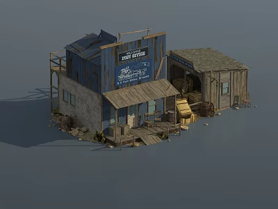 Vintage Rustic Commercial Complex With Old Food Store And 24 Hours Open Sign 3d model