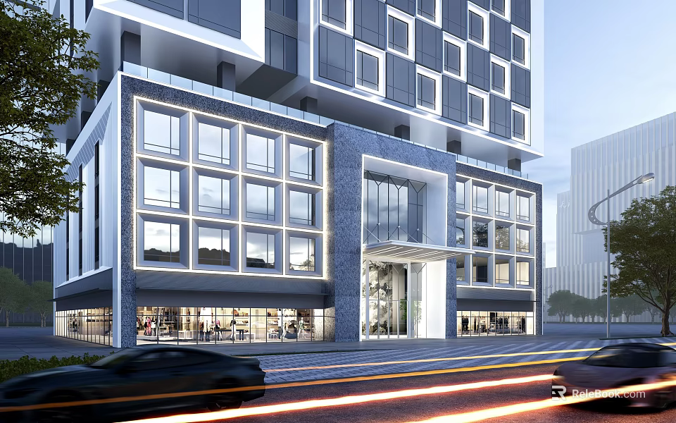 Modern High Rise Hotel Building With Glass Curtain Walls Street Vehicles And Exterior Lighting 3d model 