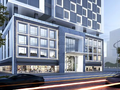 Modern High Rise Hotel Building With Glass Curtain Walls Street Vehicles And Exterior Lighting 3d model
