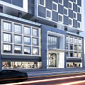 Modern High Rise Hotel Building With Glass Curtain Walls Street Vehicles And Exterior Lighting