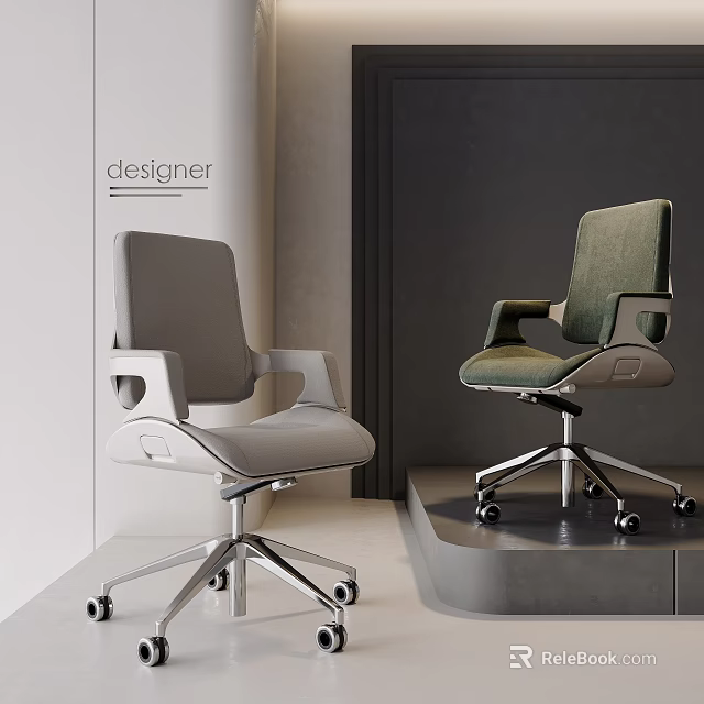 Light Gray and Dark Green Modern Office Chairs with Designer Metal Base and Caster Wheels 3d model 