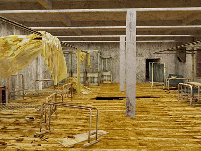 Abandoned Industrial Space With Metal Frames Yellow Plastic Sheets Concrete Ceiling And Wooden Floor 3d model