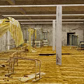 Abandoned Industrial Space With Metal Frames Yellow Plastic Sheets Concrete Ceiling And Wooden Floor