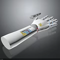 Human Operated Robotic Arm With White Body Blue Details And Yellow Sensor Modules