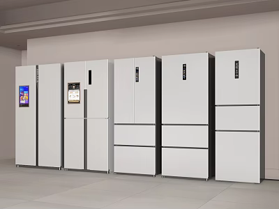 Modern White Refrigerators With Side By Side Multi Door And Top Freezer Designs In Row 3d model