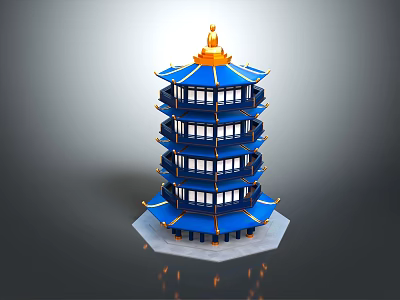 Ancient Chinese Tower With Blue Roof Golden Top And Multi Story Curved Eaves 3d model