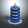 Ancient Chinese Tower With Blue Roof Golden Top And Multi Story Curved Eaves