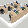 Modern Office Workspace Layout With Multiple Desks Computer Monitors Dividers Green Plants And Black Chairs