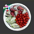 Red Cherry Tomatoes Green Cucumber Slices White Radish on White Plate with Colorful Checkered Napkin