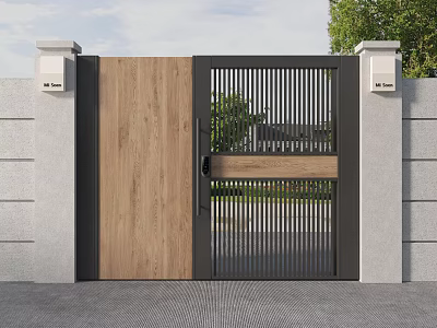 Modern Wooden Gate With Black Metal Frame Slatted Design And Stone Pillars For Courtyard 3d model