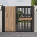 Modern Wooden Gate With Black Metal Frame Slatted Design And Stone Pillars For Courtyard