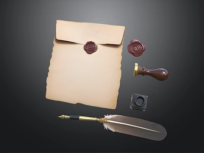 Vintage Feather Pen With Old Envelope Wax Seal Inkwell And Parchment Paper 3d model