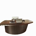 Modern Dark Curved Desk In Study Room With Wooden Bookshelf Books Decorations And Potted Plant