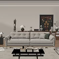 Modern Living Room Interior Design With Beige Sofa Decorative Painting Wooden Blinds And Ornaments