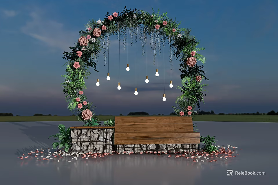 Garden Ornament Featuring Flower Arch Greenery Pink Flowers Hanging Bulbs Wooden Bench And Petals 3d model 