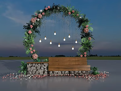 Garden Ornament Featuring Flower Arch Greenery Pink Flowers Hanging Bulbs Wooden Bench And Petals 3d model