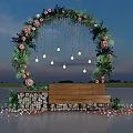 Garden Ornament Featuring Flower Arch Greenery Pink Flowers Hanging Bulbs Wooden Bench And Petals