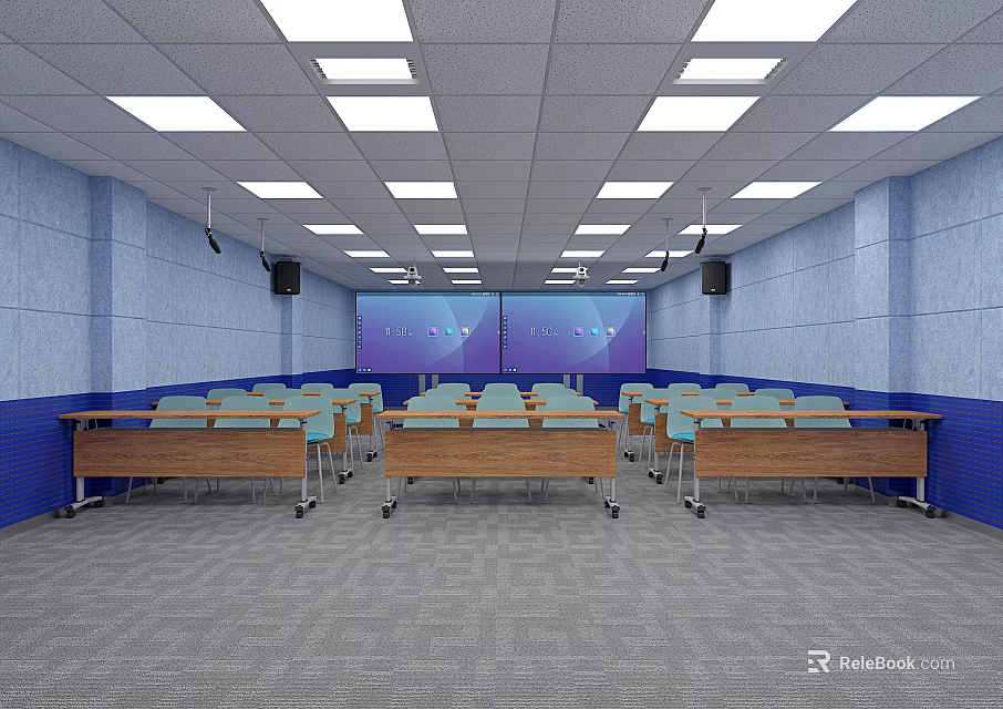 School Classroom With Blue Walls Desks And Chairs Projector And Ceiling Lights Setup 3d model
