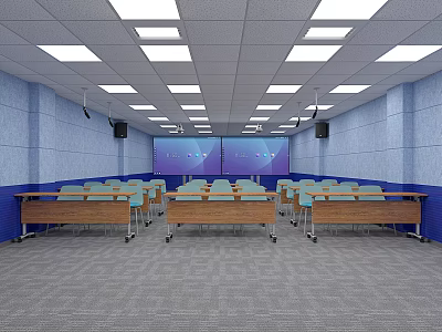 School Classroom With Blue Walls Desks And Chairs Projector And Ceiling Lights Setup 3d model
