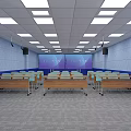 School Classroom With Blue Walls Desks And Chairs Projector And Ceiling Lights Setup 3d model
