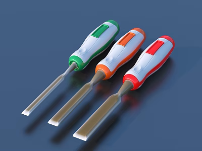 Hardware Tools Set of Three Screwdrivers with Green Orange Red Handles and Metal Tips 3d model
