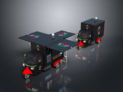 Black Red Mobile Food Truck With Open Top And Green Logo Design 3d model