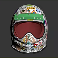 Colorful Sticker Decorated Helmet With Green Accent And Red Visor