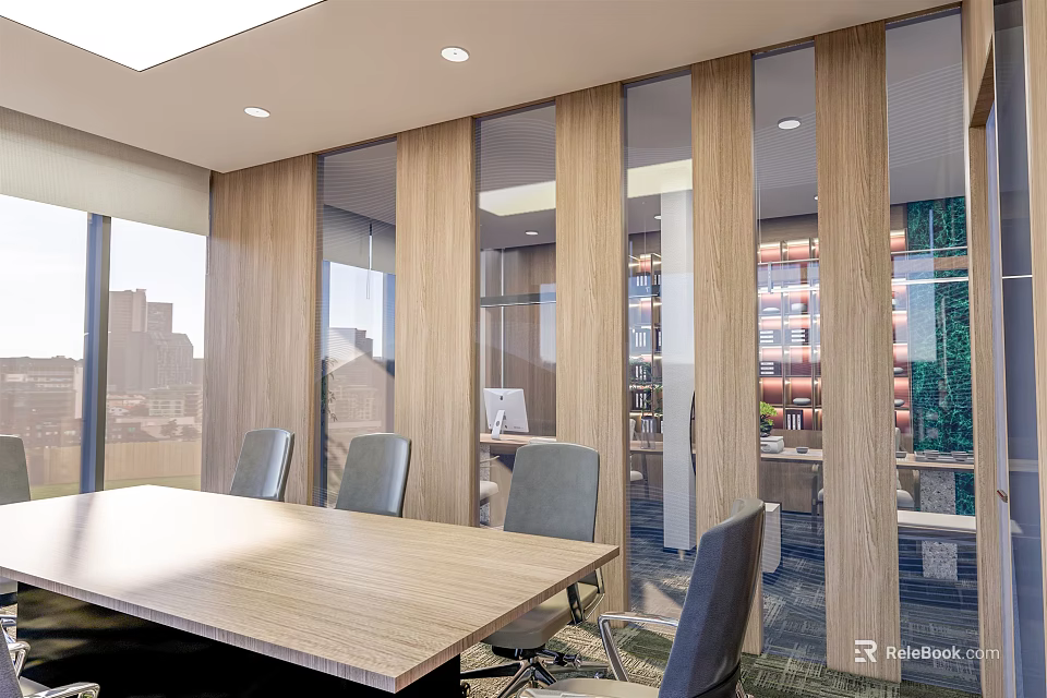 Modern Conference Room With Wooden Partitions Large Windows Long Table Gray Chairs And Bookshelves 3d model 