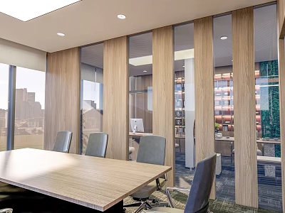 Modern Conference Room With Wooden Partitions Large Windows Long Table Gray Chairs And Bookshelves 3d model