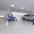 Modern Car Showroom Display With White Volkswagen EV Gray Car Blue Balloons And Decorations