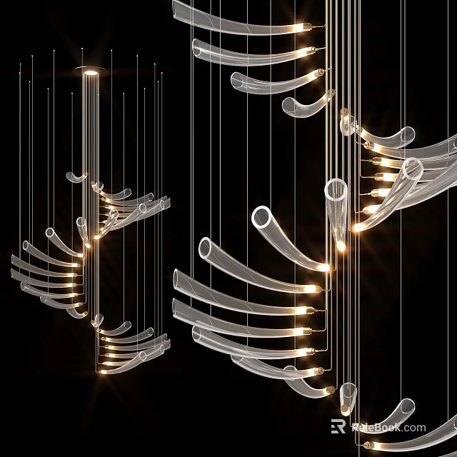 Modern Artistic Transparent Material Multiple Chandeliers Illuminated Hanging In Black Background 3d model 