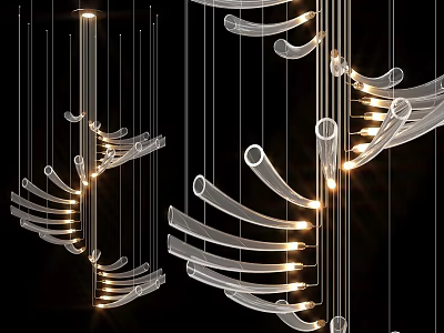 Modern Artistic Transparent Material Multiple Chandeliers Illuminated Hanging In Black Background 3d model