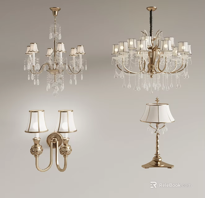 Elegant Crystal Chandeliers With Golden Frames And Matching Wall Sconces Table Lamp 3d model