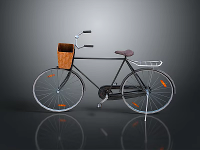Vintage Bicycle with Brown Basket Leather Seat Silver Rear Rack and Orange Reflectors on Wheels 3d model