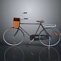 Vintage Bicycle with Brown Basket Leather Seat Silver Rear Rack and Orange Reflectors on Wheels